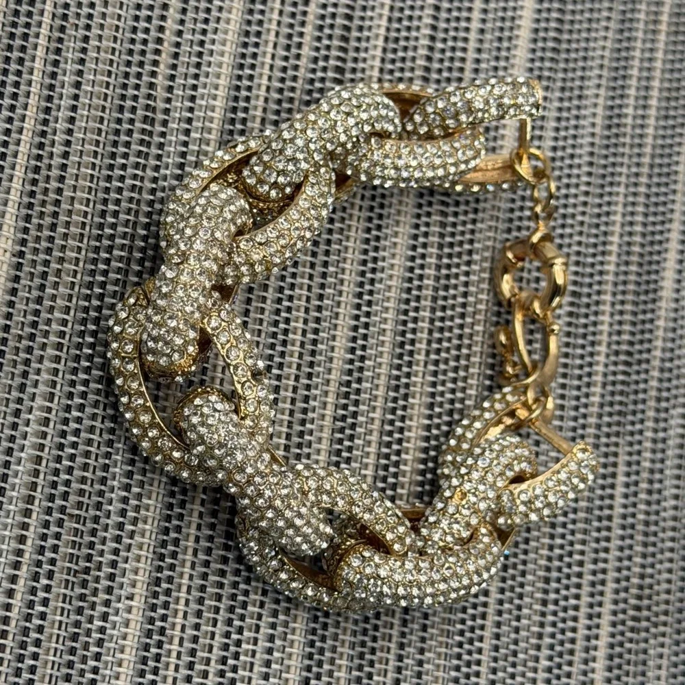 Gold Tone Pavé Crystal Chunky Curb Link Statement Bracelet 8.5in Iced Out Bling